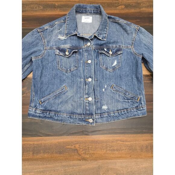 Old Navy Distressed Denim Jacket Women's Size L 100% Cotton Classic Jean Jacket - Picture 6 of 8